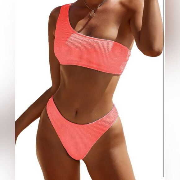 Women's One Shoulder Top with Mid Waist Two Piece swimsuit,XS NWOT coral pink - Picture 1 of 12